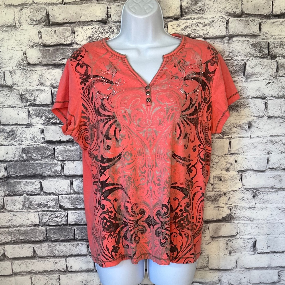 Christopher and Banks Salmon/Pink with Grey Embellishments Blouse Size XL